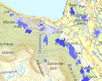 Kart med blå og lilla flater. Lenke til kartlag i Fylkesatlas.