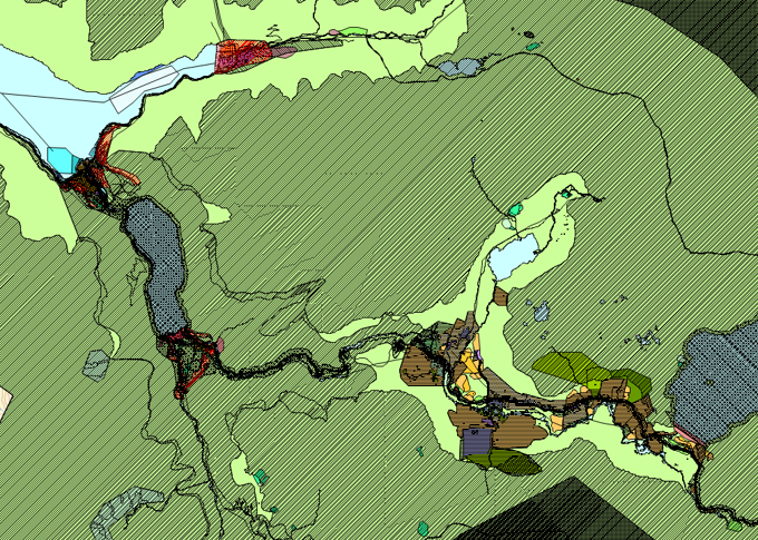 Kart med mange flater med ulik farge og skravur. Lenke på bildet til kartlag i Fylkesatlas.
