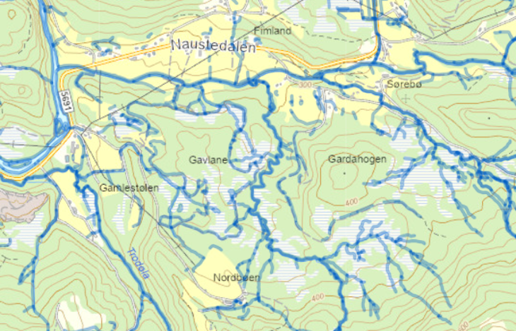 Kart med blå buffersone på 6m rundt vassdrag. Det er lenke på bilde til kartlag i Fylkesatlas.