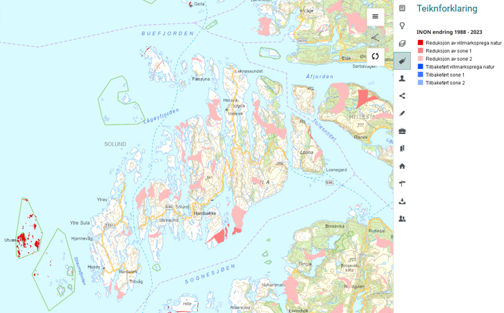 Kart med rosa og raude flater. Lenke på bilde til kartlag i Fylkesatlas.