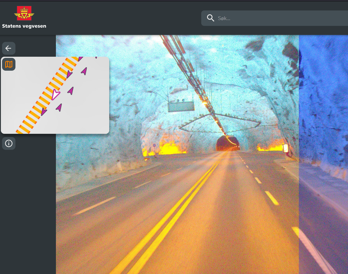 Lærdalstunnelen Foto: Vegbilder frå Statens Vegvesen. Statens vegvesen logo, søkefelt, nedtrekksmeny med val av år, kartvindu med utsnitt av vegen med piler som viser kjøreretning, foto av veg og inni tunnel på same stad som kartutsnittet.