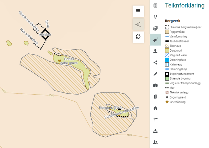Kart som viser historiske gruver. Lenke på bildet til kartlag i Fylkesatlas.